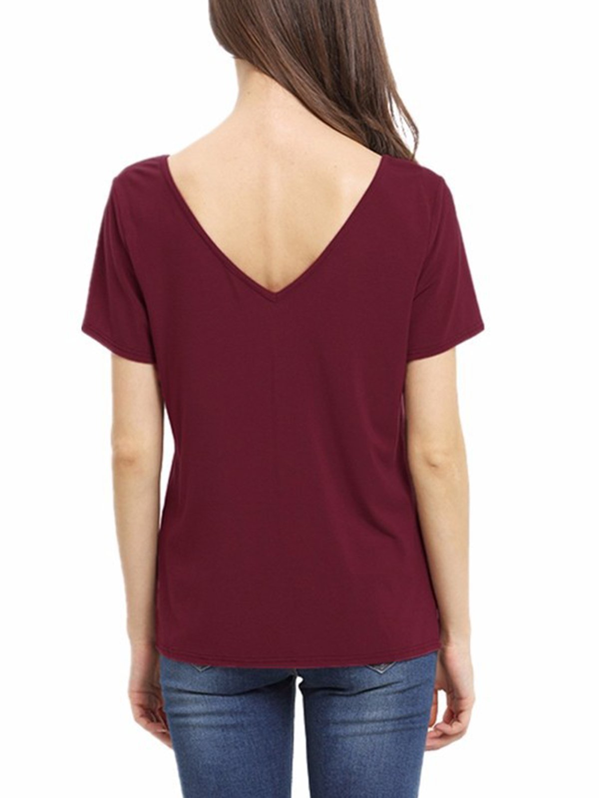 Burgundy V Neck Casual T-Shirt