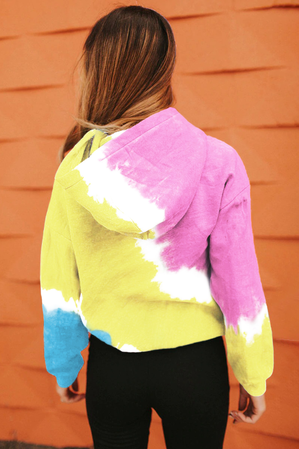 粉黄时尚撞色扎染长袖舒适套头连帽衫