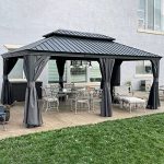 PURPLE LEAF 12�� X 18�� Permanent Hardtop Gazebo Aluminum Gazebo with Galvanized Steel Double Roof for Patio Lawn and Garden, Curtains and Netting Included, Grey