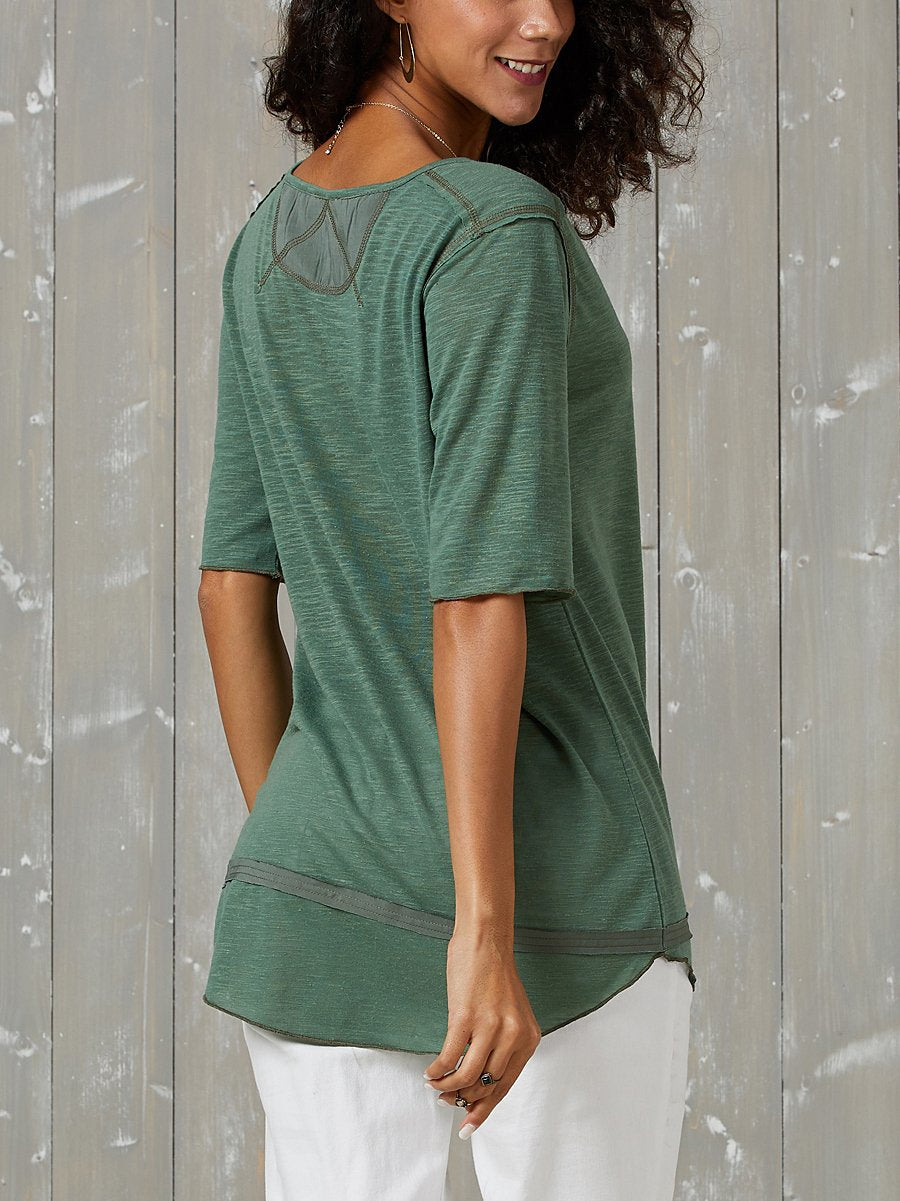 Army Green Casual V Neck Cotton-Blend Half Sleeve Shirts & Tops