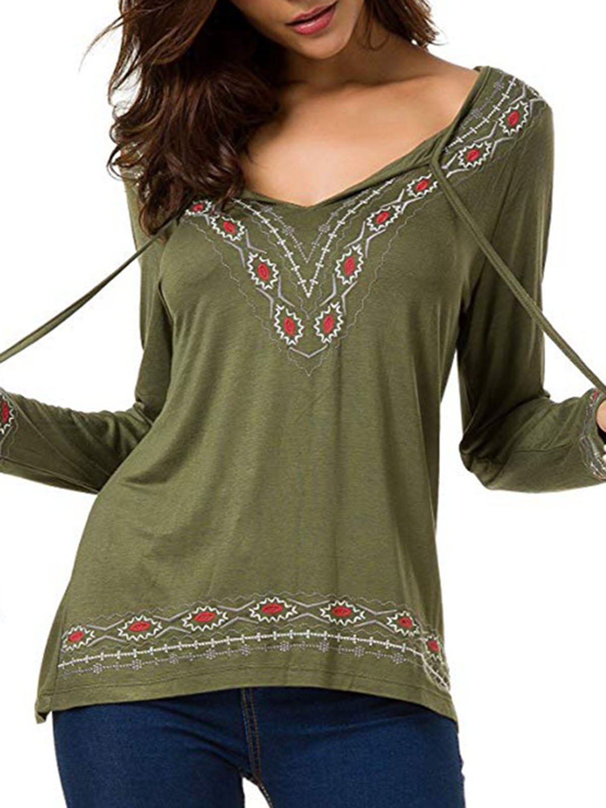 Basic V neck Embroidered Plus Size Cotton-blend T-Shirt