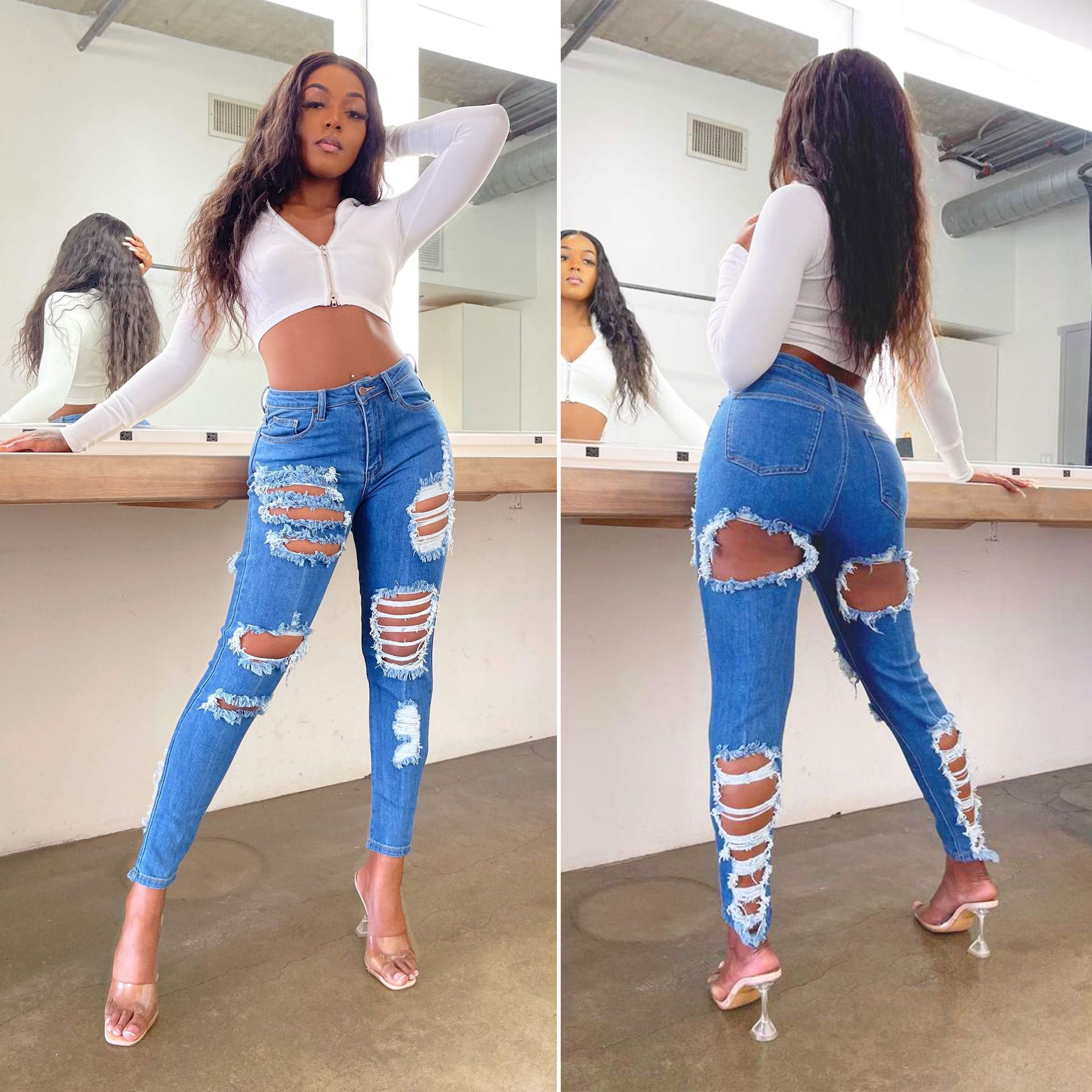 Fashion new versatile slim sexy elastic ripped calf denim trousers JLX6886