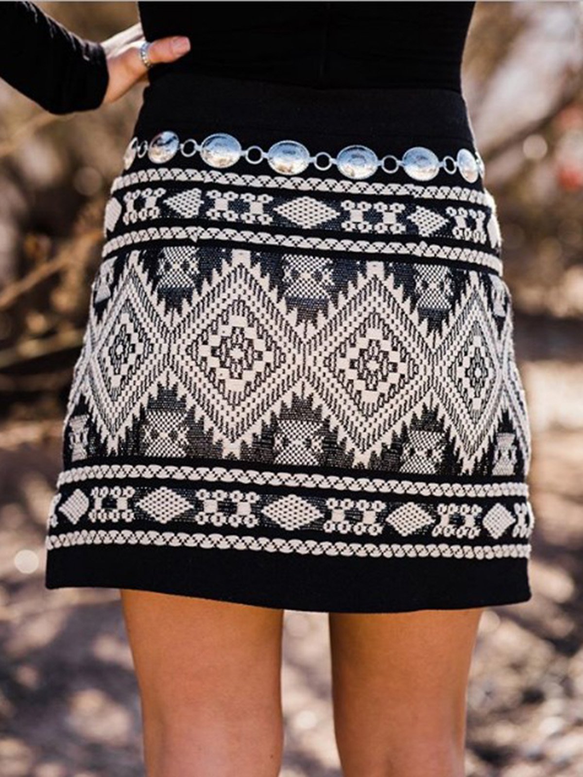 Black Casual Geometric Cotton-Blend Skirts