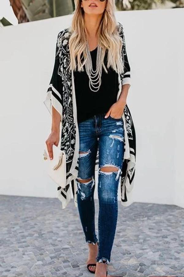 Printed Loose Casual Long Blouse Coat Cardigan