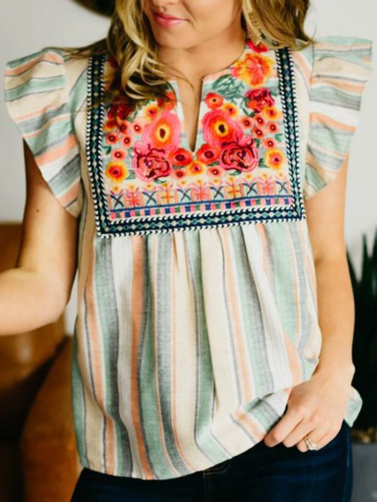 Stripes Frill Sleeve Vintage Shirts & Tops