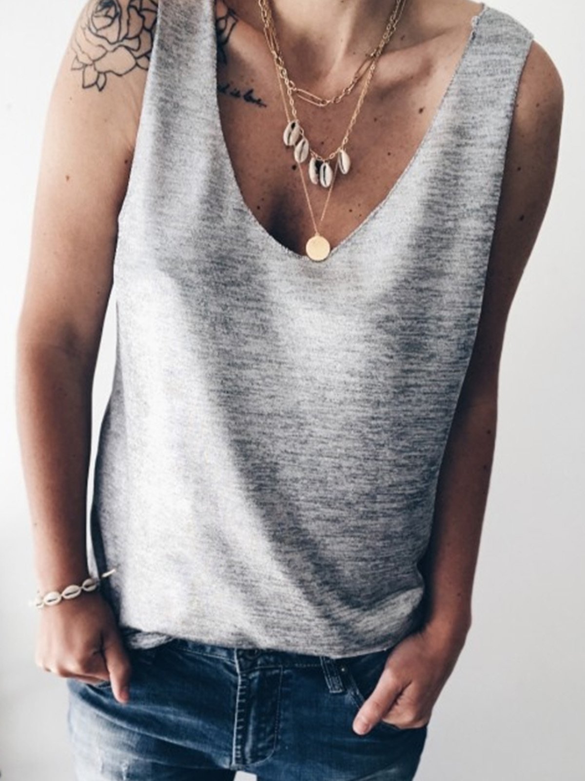Casual V Neck Sleeveless Shirts & Tops