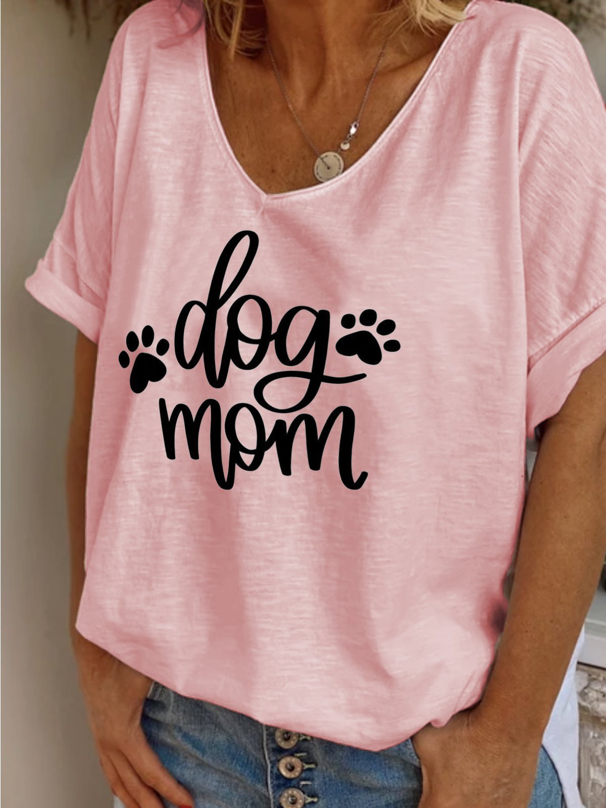 Summer casual basic simple dog mother letter printed V-neck loose T-shirt