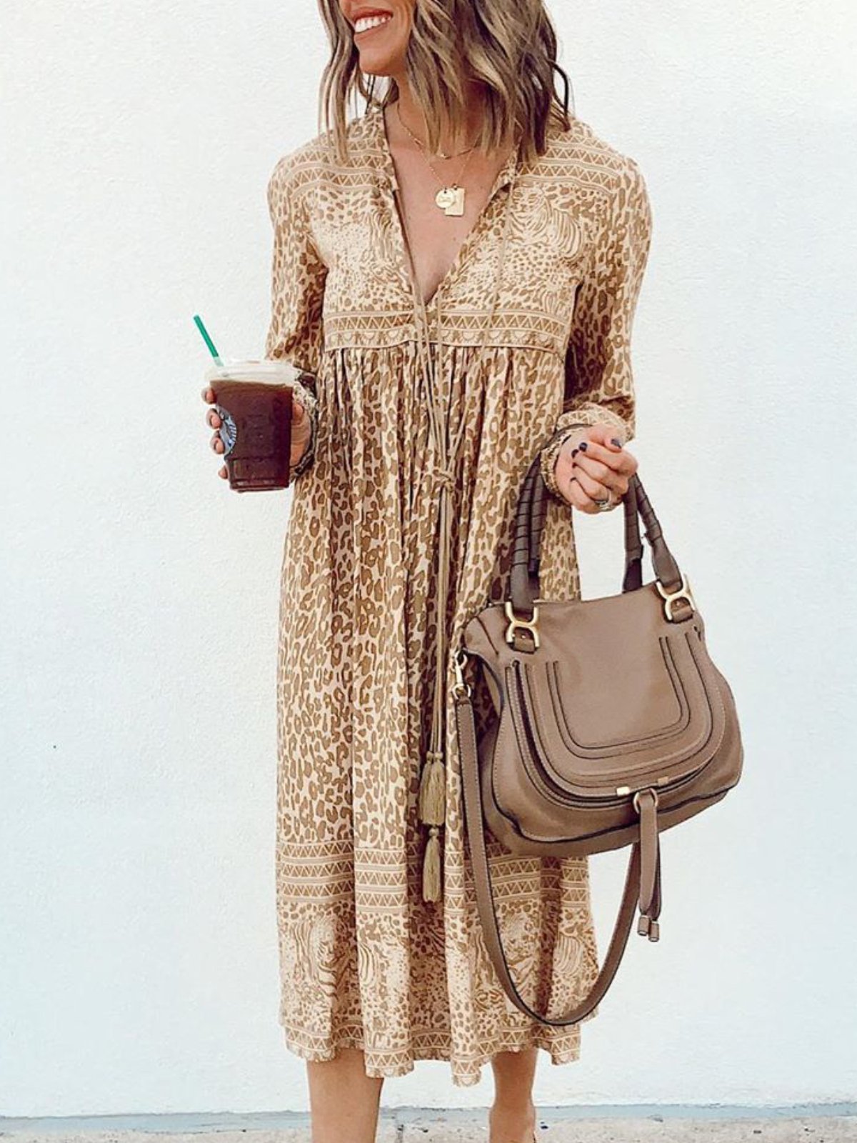 Khaki Long Sleeve Printed V Neck Dresses