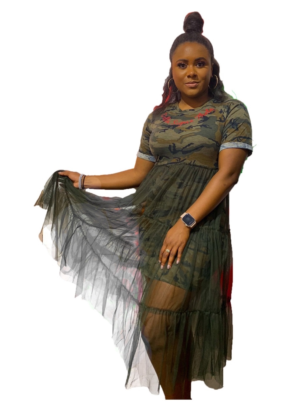 Summer Camou Print Patchwork Mesh Dress