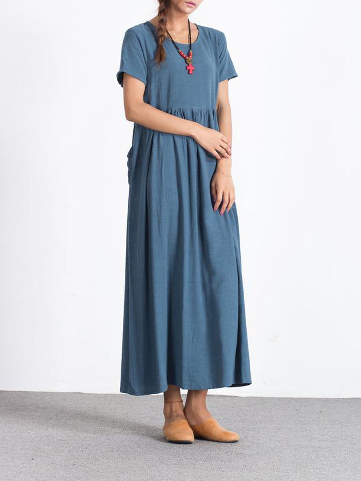 Blue Short Sleeve Crew Neck Linen Dresses