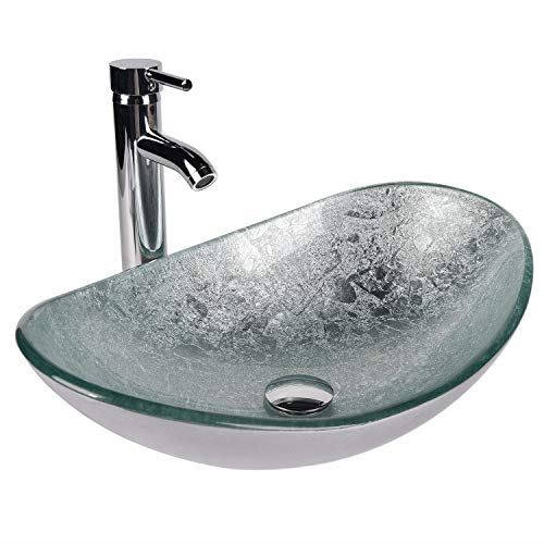 Artistic Tempered Glass Vessel Sink Basin Bowl Set, Cabinet Countertop Sink