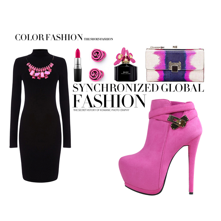 14CM Fashion Pump Platform Metal belt buckle Pointed Dress Wedding Party Elegant Heeled Martin Boots