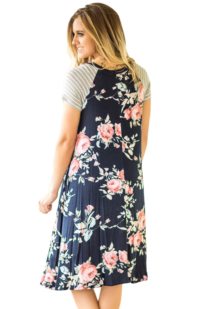 Navy Blue Backdrop Floral Print A-line Loose T-shirt Dress