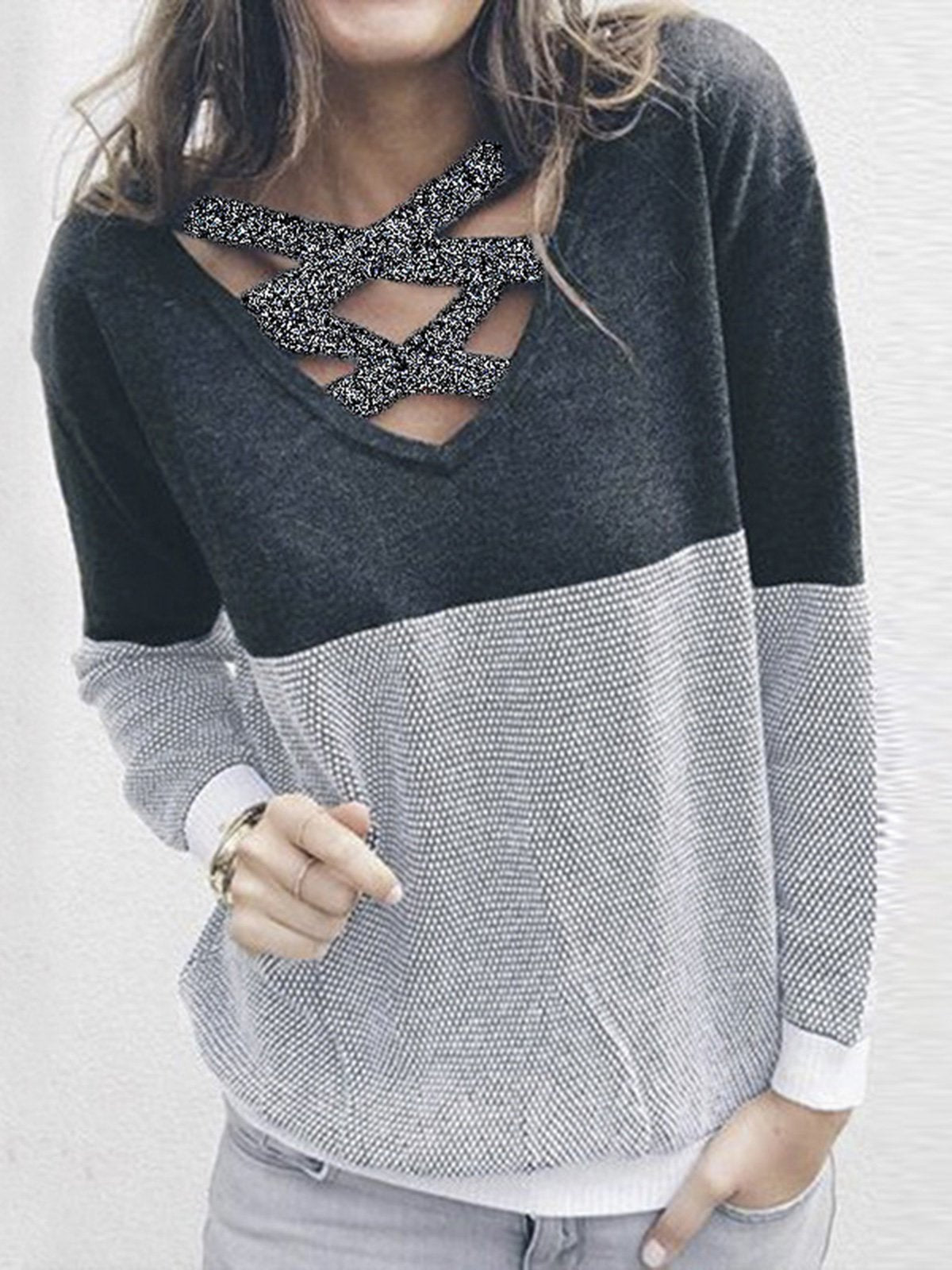 Crew Neck Casual Solid Paneled Sweater