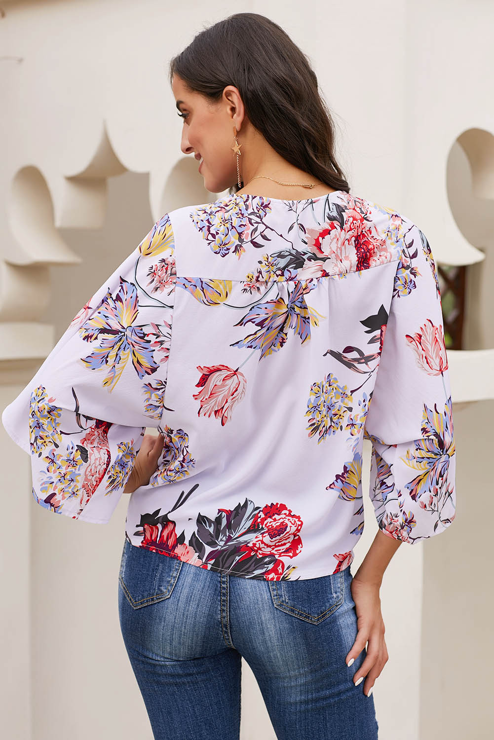 White V Neck Floral Kimono Top