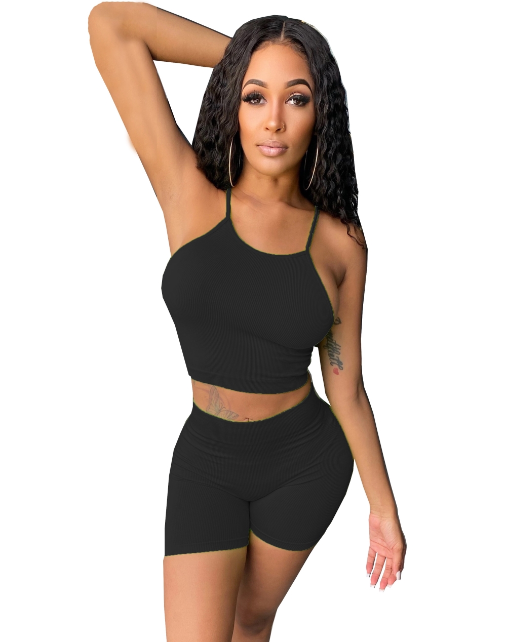 Summer Plain Halter Crop Top and Biker Shorts Set