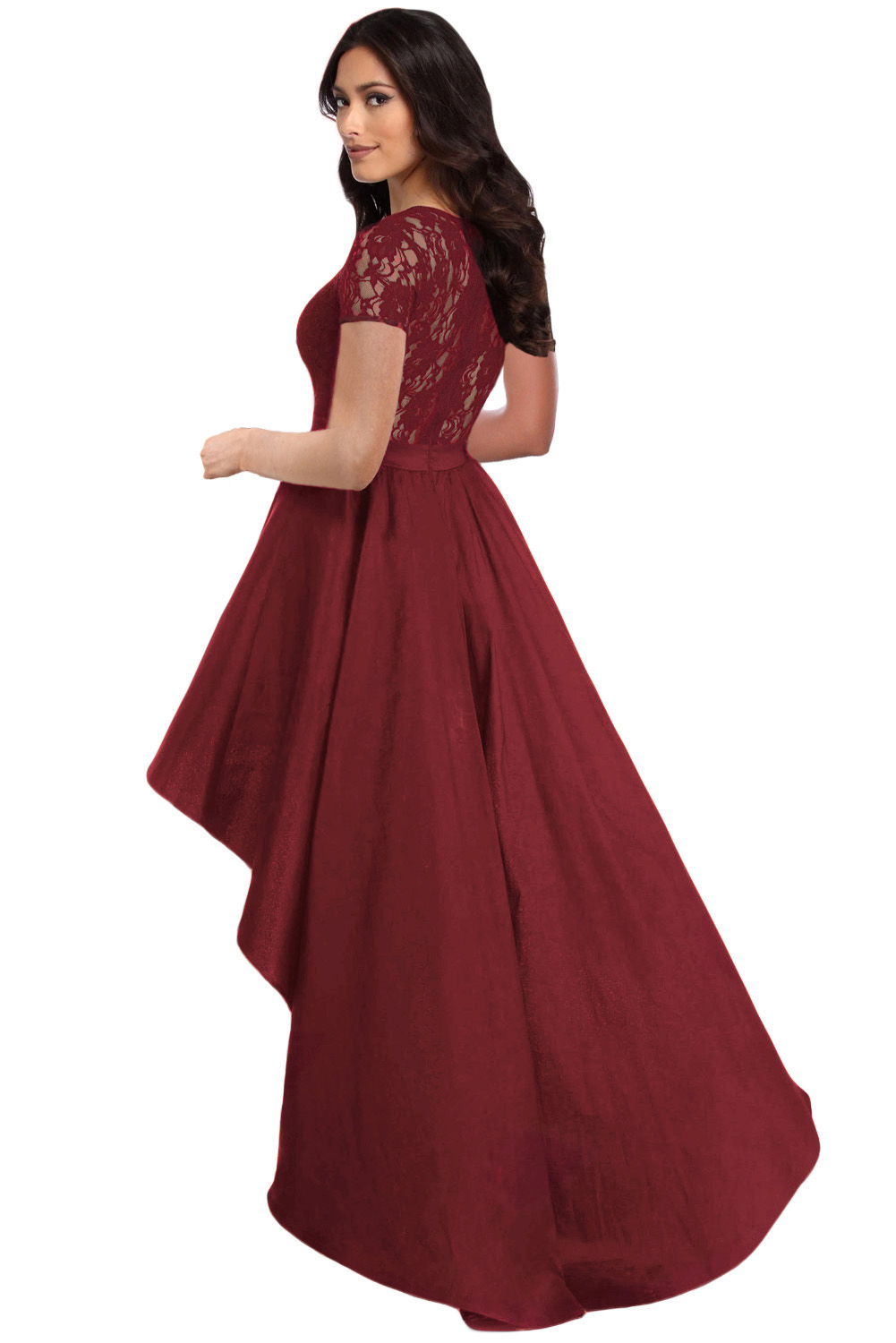 Burgundy Lace Bodice Elegant Hi-low Party Dress