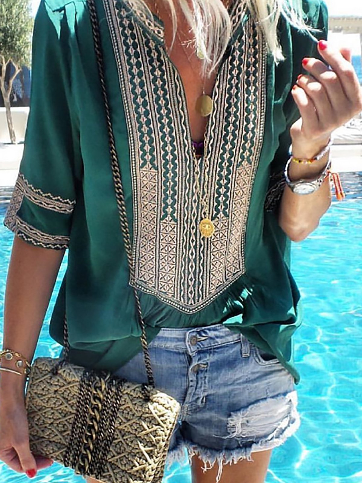 Casual Printed Short Sleeve V neck Tribal Plus Size Blouse