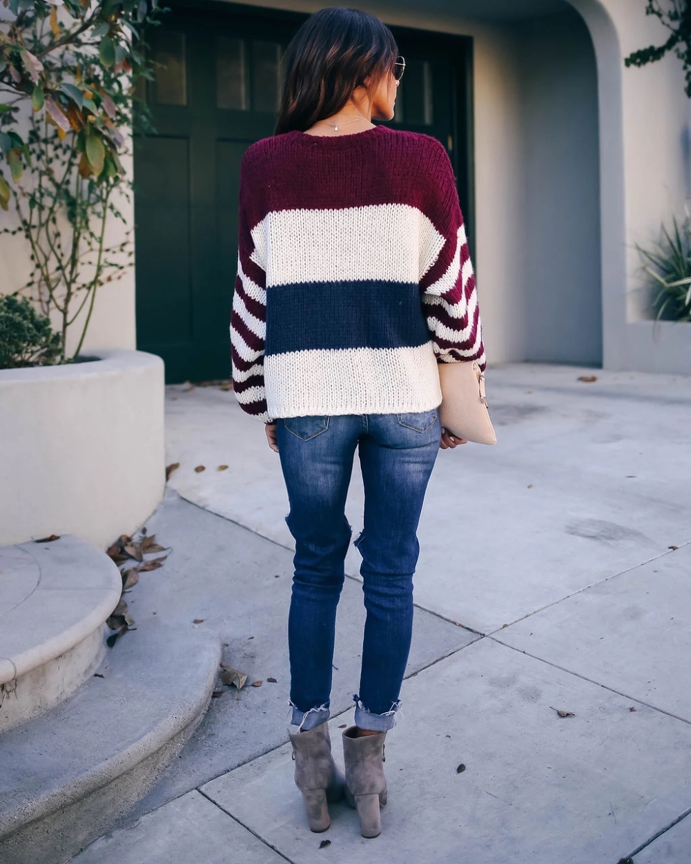 O Neck Contrast Loose Pullover Sweater