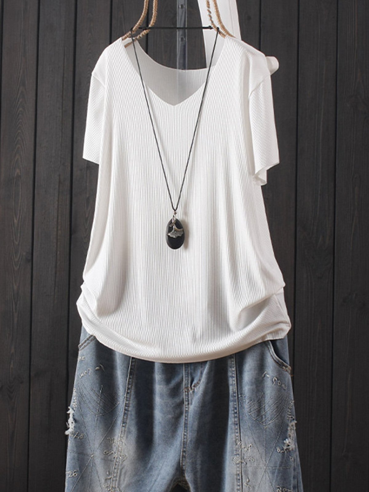 Solid Color V Neck Short Sleeve Casual T-Shirt