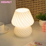 Glass LED Mushroom Table Lamp Bedroom Bedside Lampe Striped Mushroom