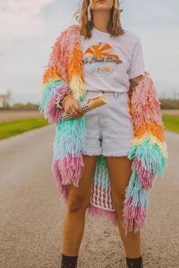 Fashion Colorblock Long Plush Cardigan Coat