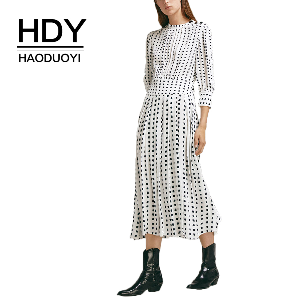 HDY Haoduoyi 2019 New Spring Round Neck Long Sleeve Solid White Chiffon Dot Loose  Dress Women Casual Beach Party Dresses