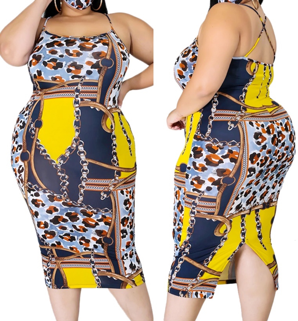 Plus Size Chains Print Strap Midi Dress