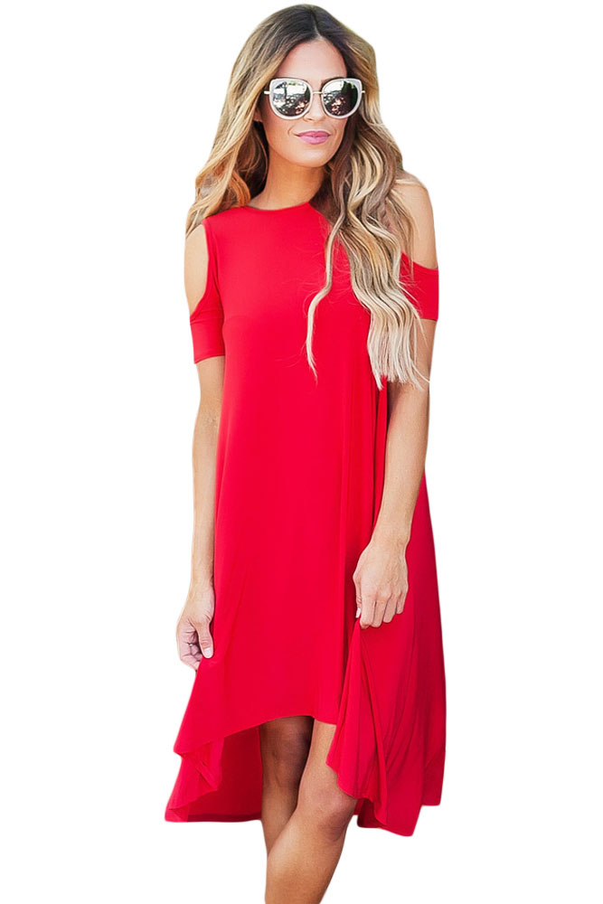 Red Cold Shoulder Short Sleeve High Low Dress