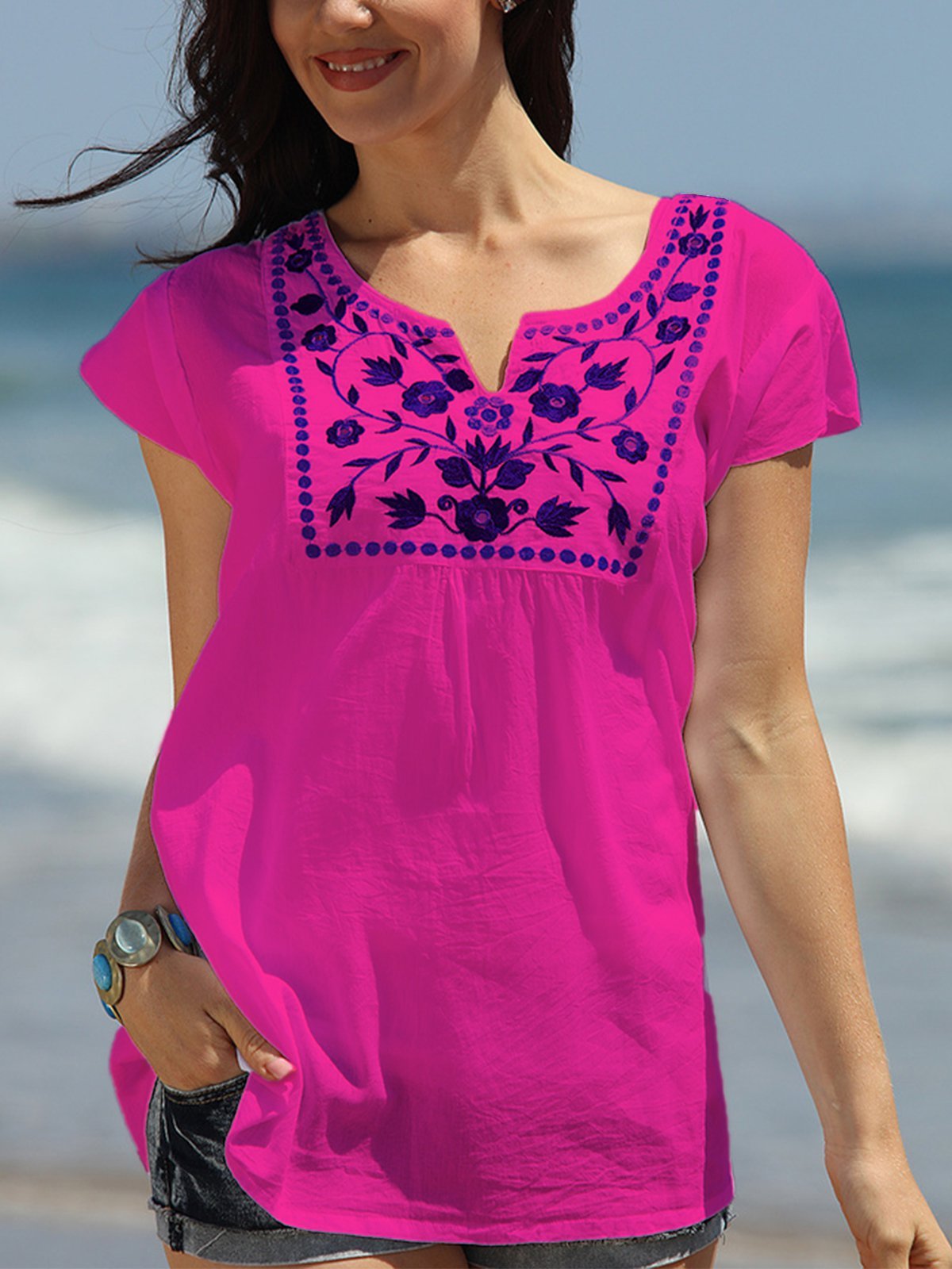 White V Neck Holiday Cotton-Blend Printed Shirts & Tops