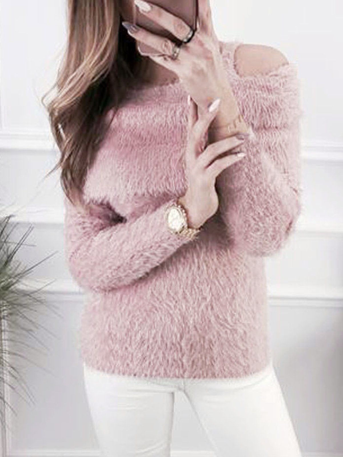 White Solid Cold Shoulder Polyester Casual Sweater