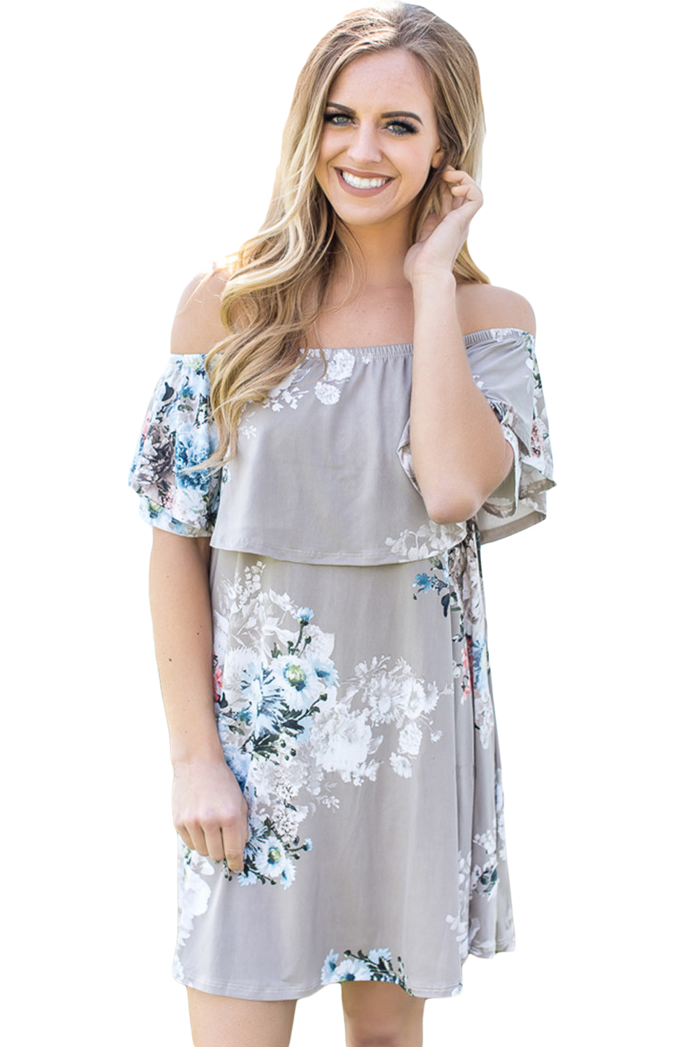 Ruffle Off Shoulder Grey Floral Mini Dress