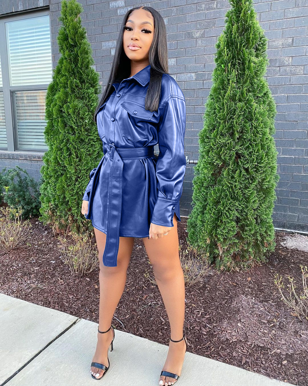 Winter Button Up Leather Shirt Dress with Belt