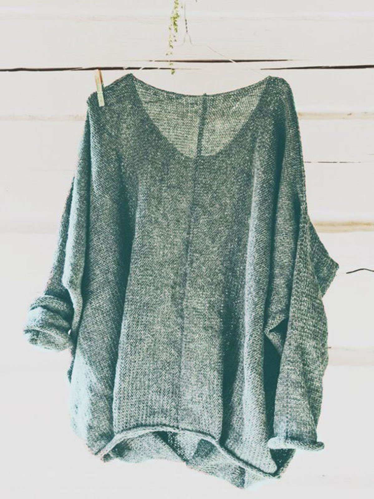 Casual Knitted Long Sleeve V neck Solid Tops