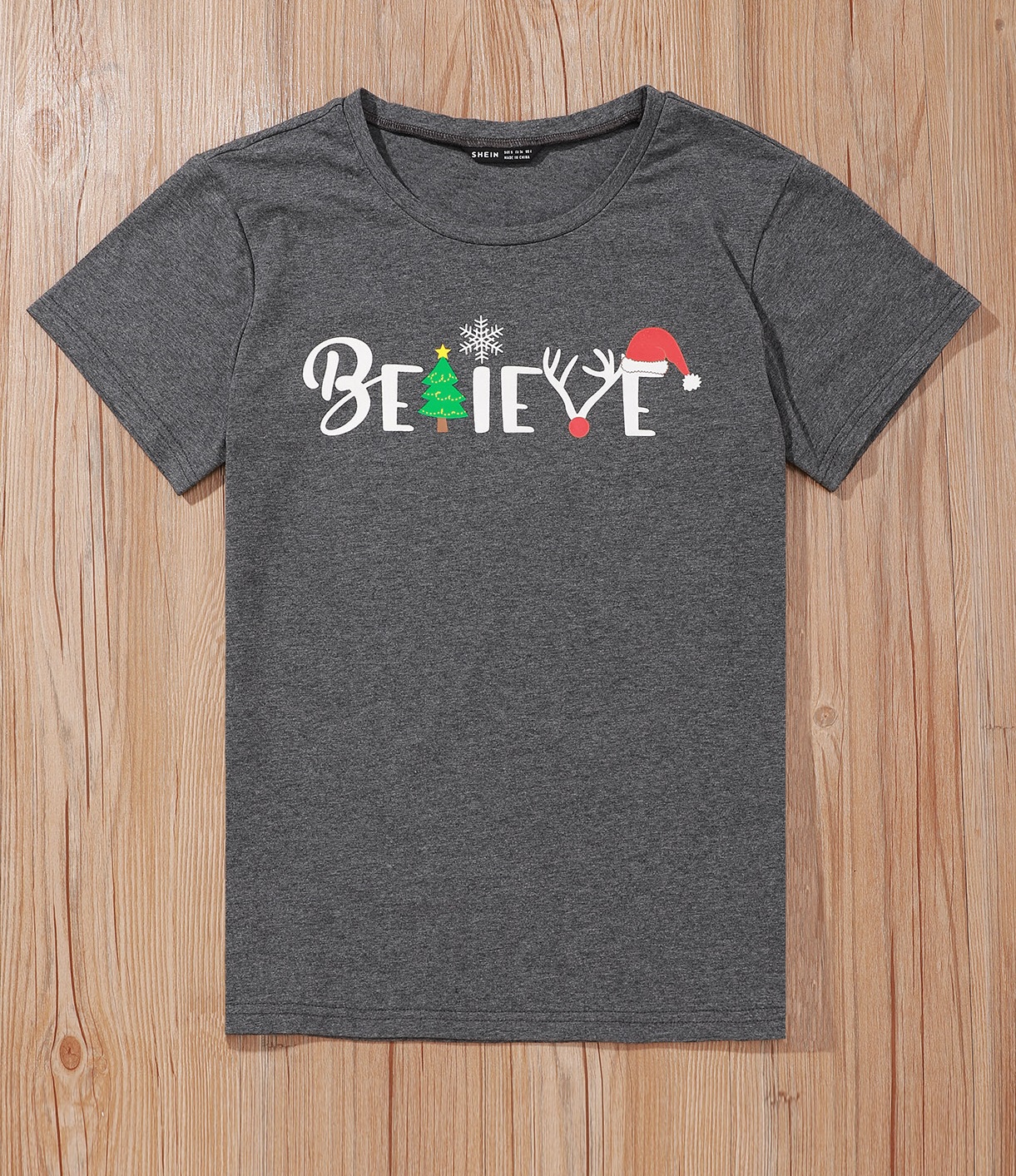 Christmas Print Round Neck Shirt with Short Sleeves