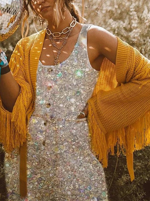 Fringed Solid Color Knit Cardigan