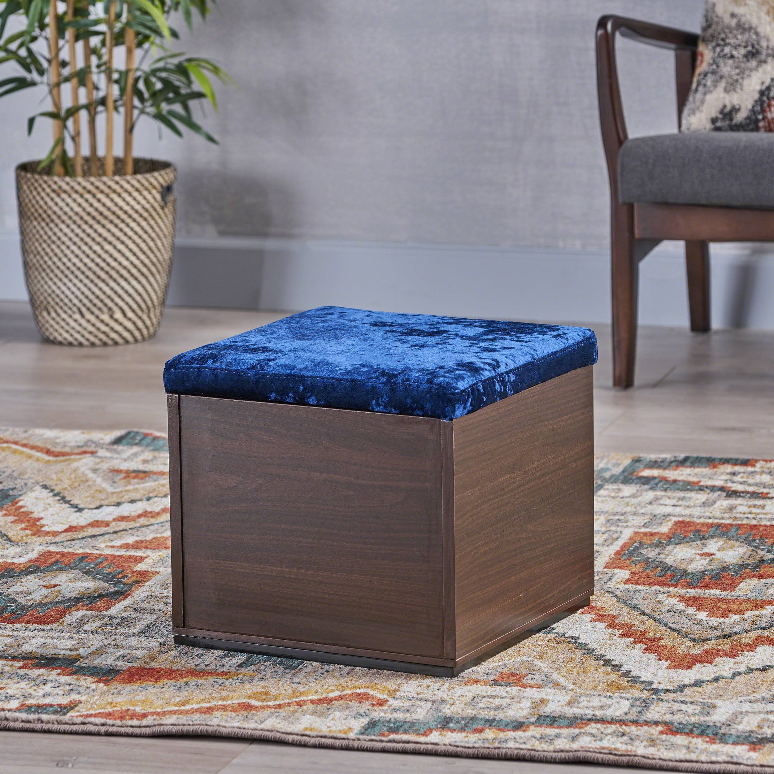Norris Storage Cube Organizer Ottoman - Navy Blue + Dark Walnut