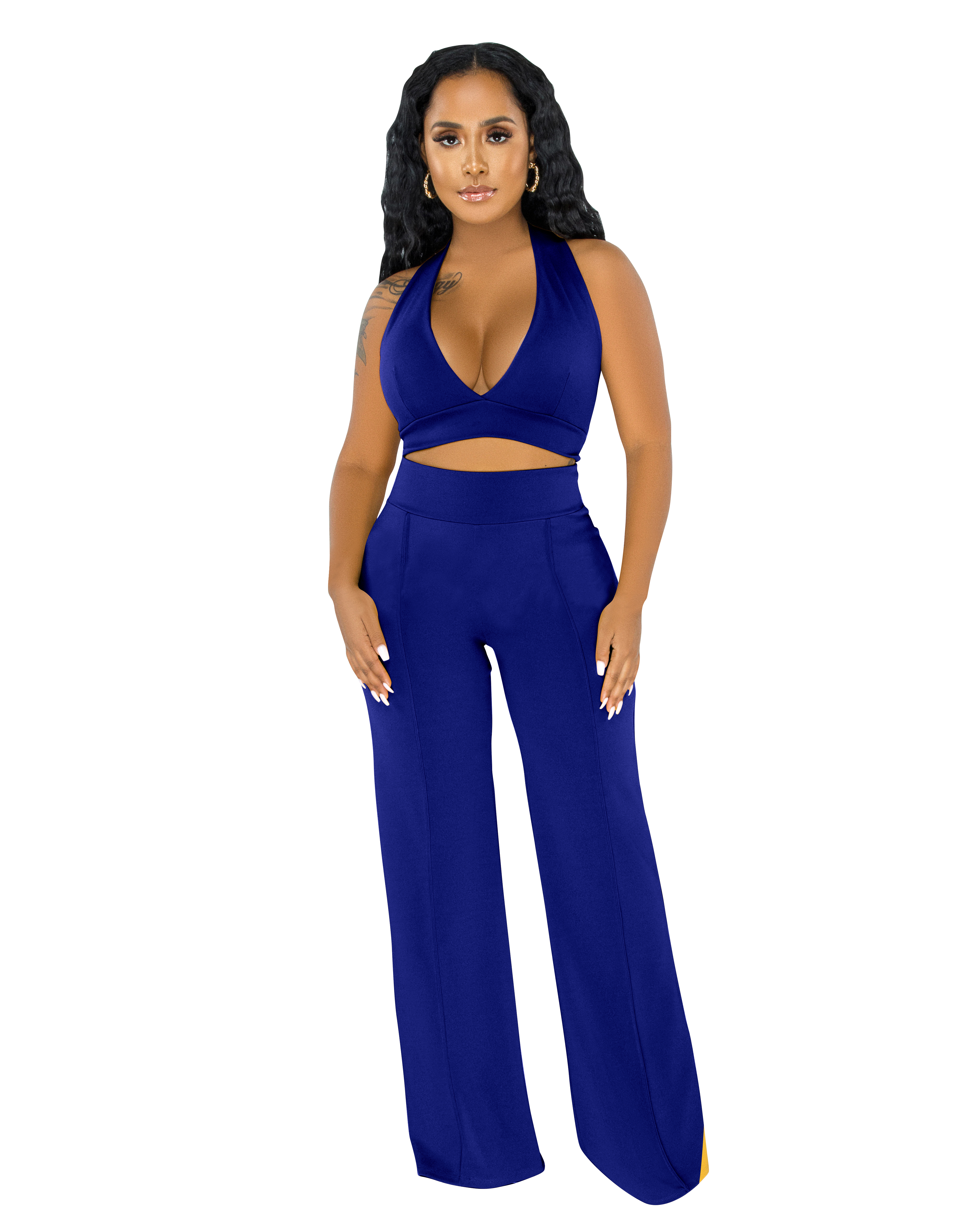 Summer Party Solid Color Halter Crop Top and High Waist Pants Set