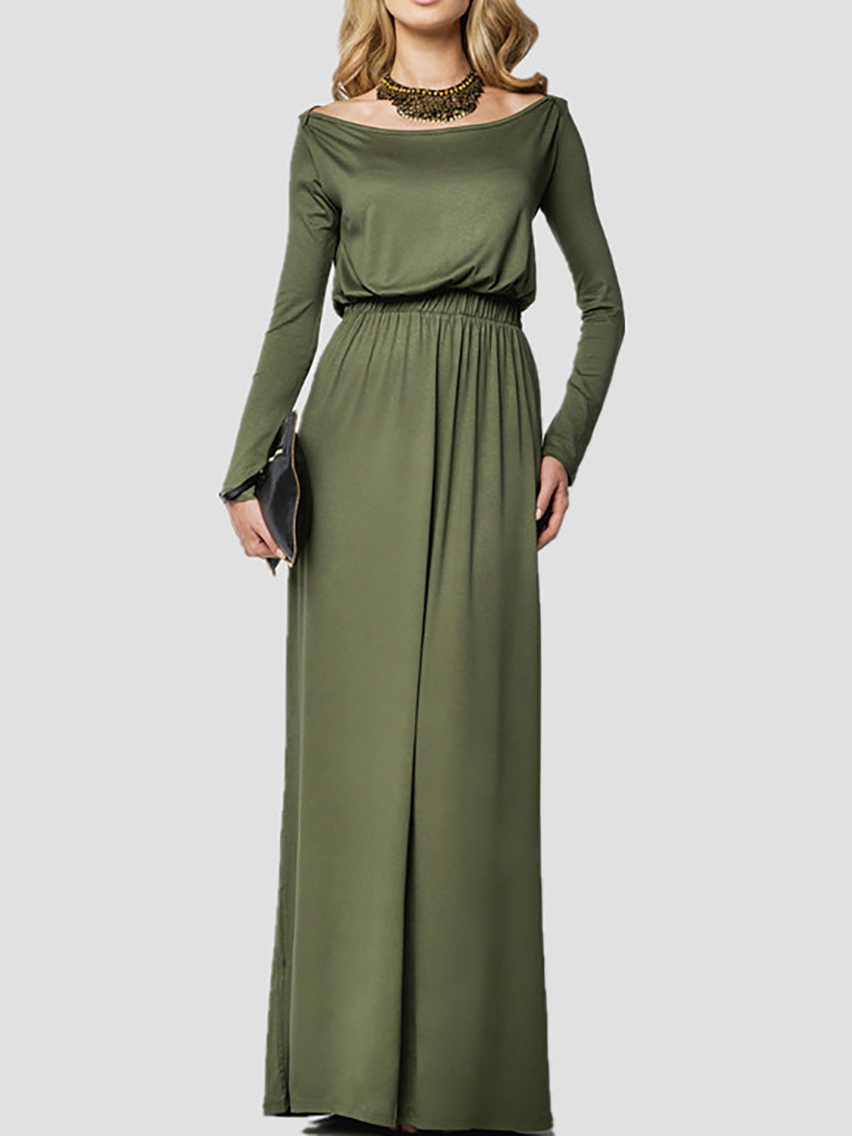 Long Sleeve Bateau/boat Neck Polyester Elegant Casual Dress