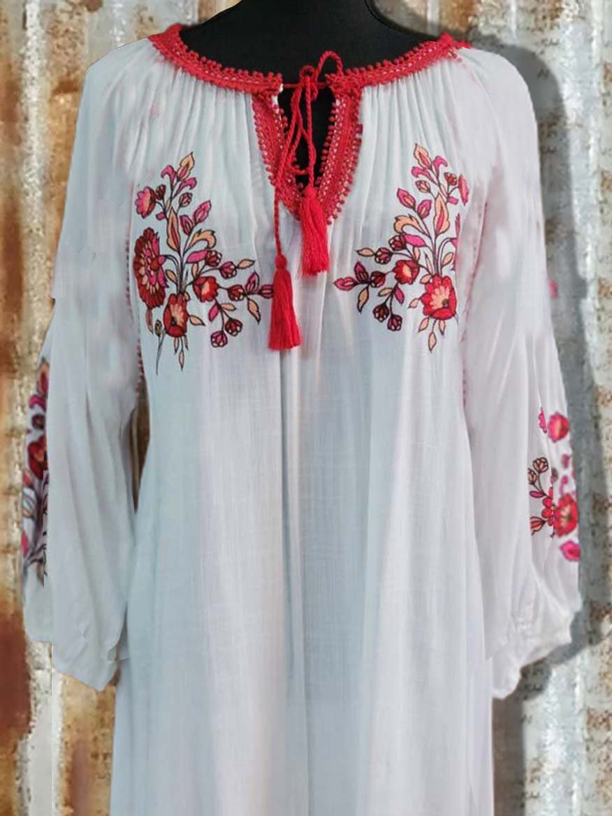 Printed V Neck Cotton-Blend Holiday Dresses