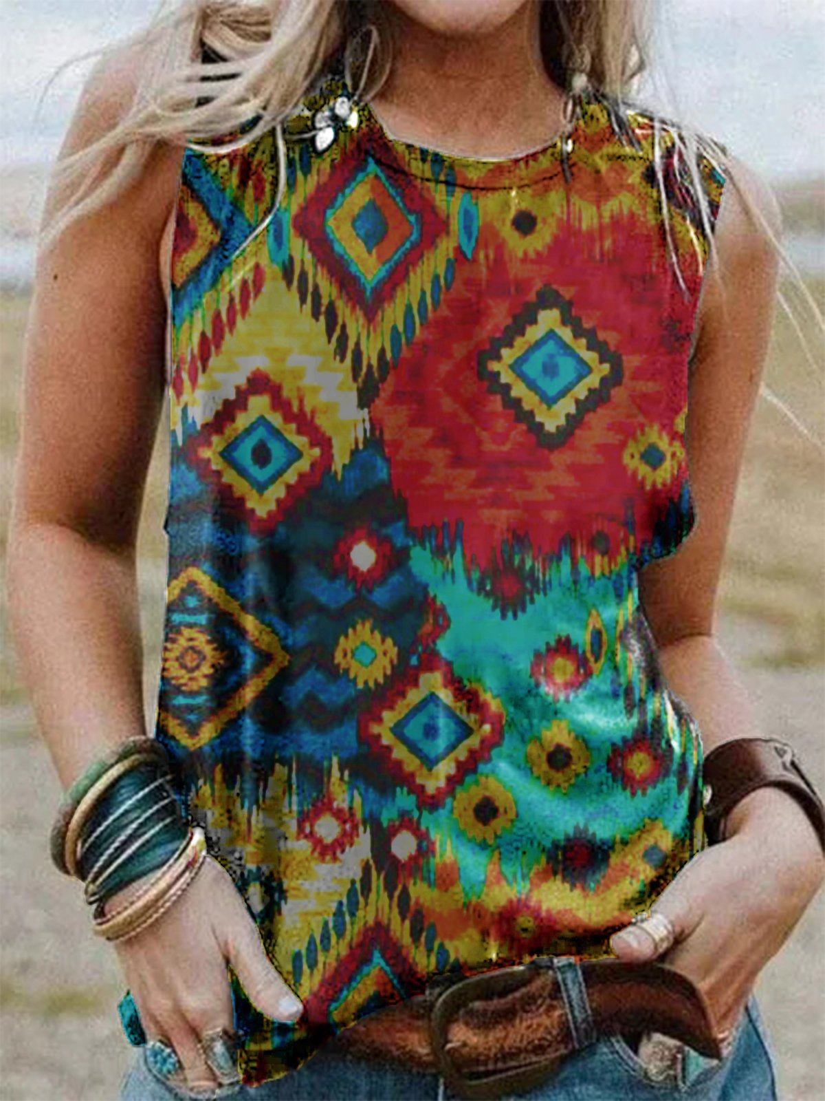 Boho Sleeveless Crew Neck Jersey Shirts & Tops