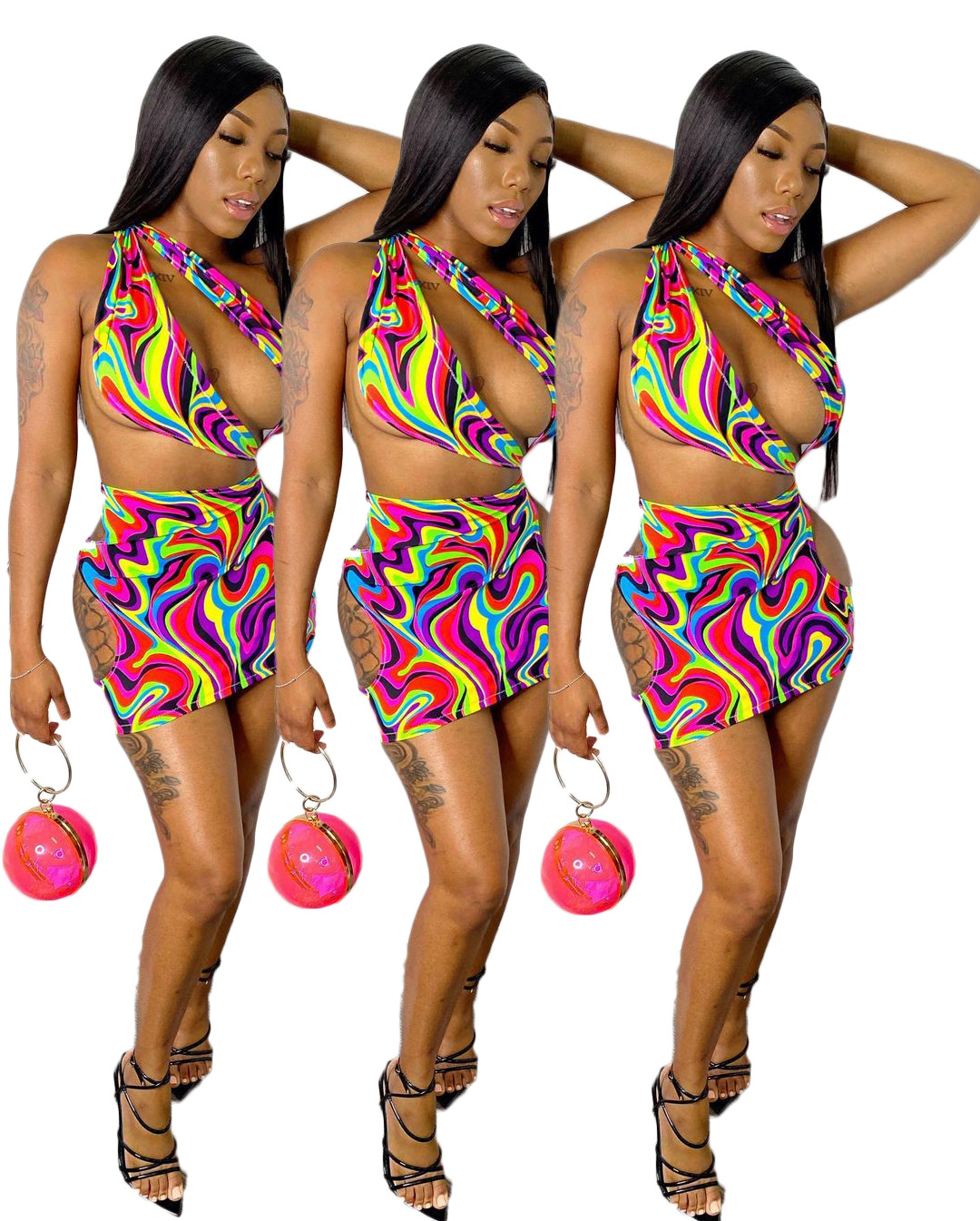 Ladies Lace-up Wrapped Chest Slanted Shoulder Print Irregular Hollow Dress SSD2102107