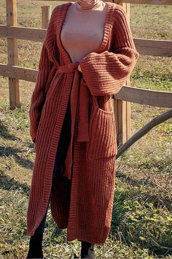 Fashion Pure Colour Warm Belted Knitted Coat