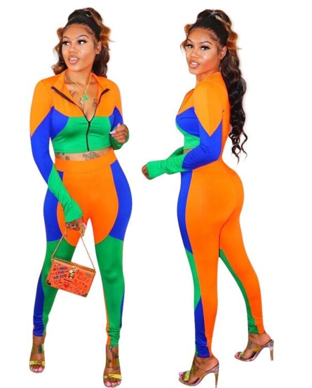 Sexy Contrast Two Piece Bodycon Pants Set