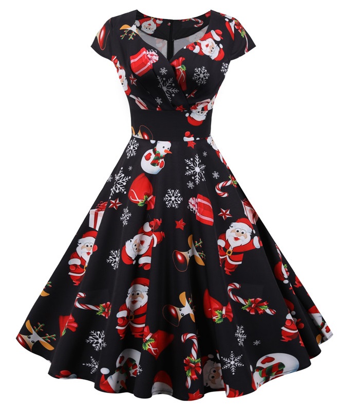 Christmas Print Vintage Women Skater Dress
