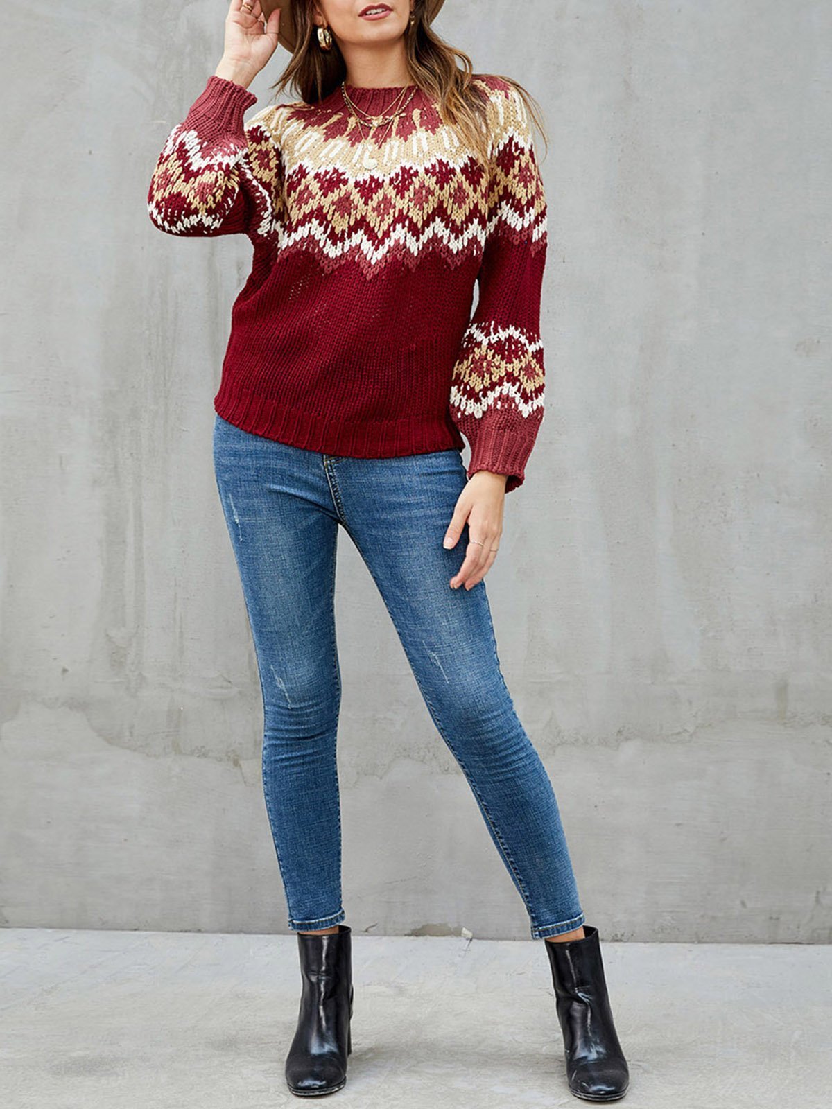 Burgundy Casual Tribal Knitted Acrylic Sweaters