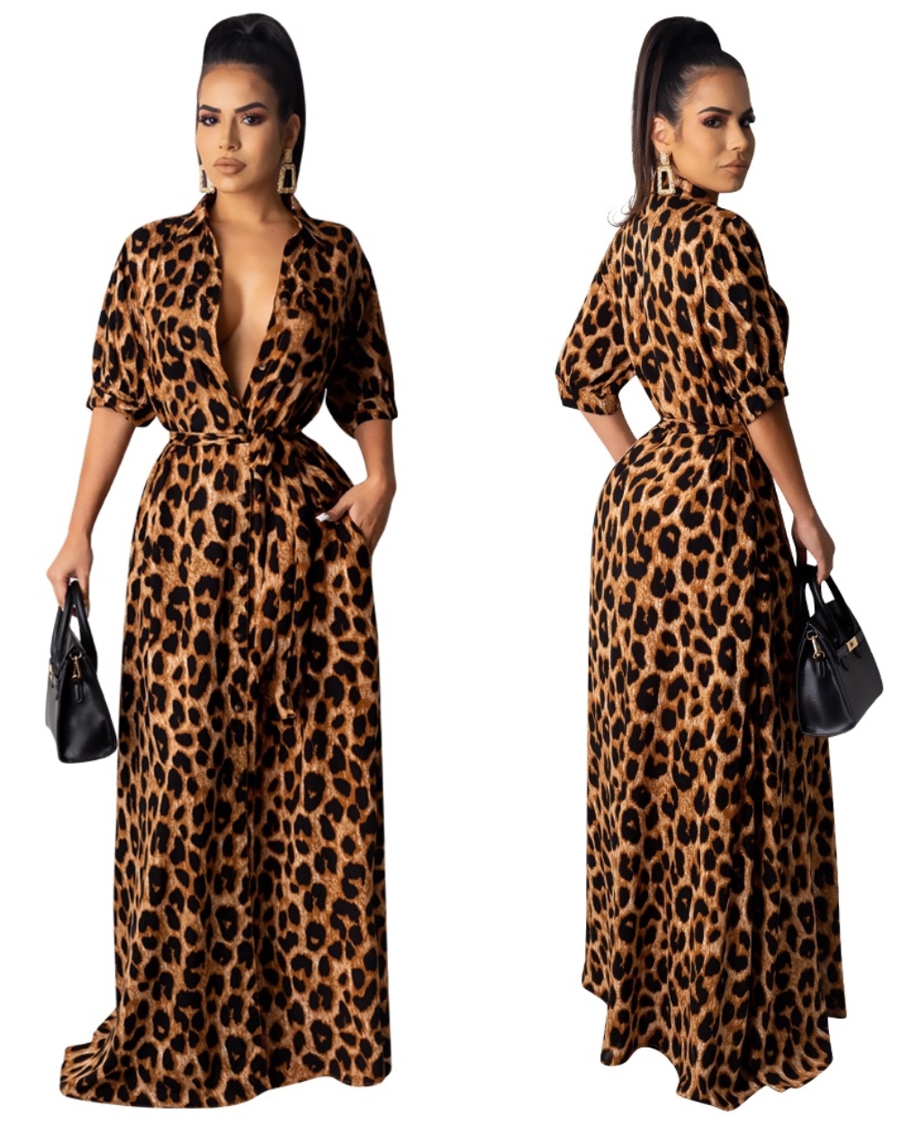 Leopard Print Long Evening Dress with Belt