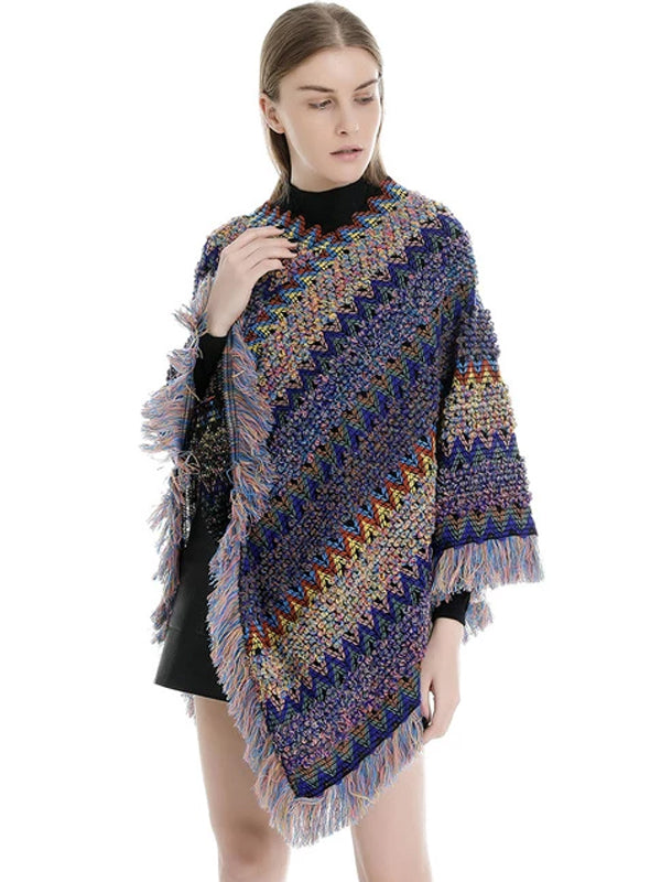 Womens Stripe Knitted Cape with Tassels Scarves