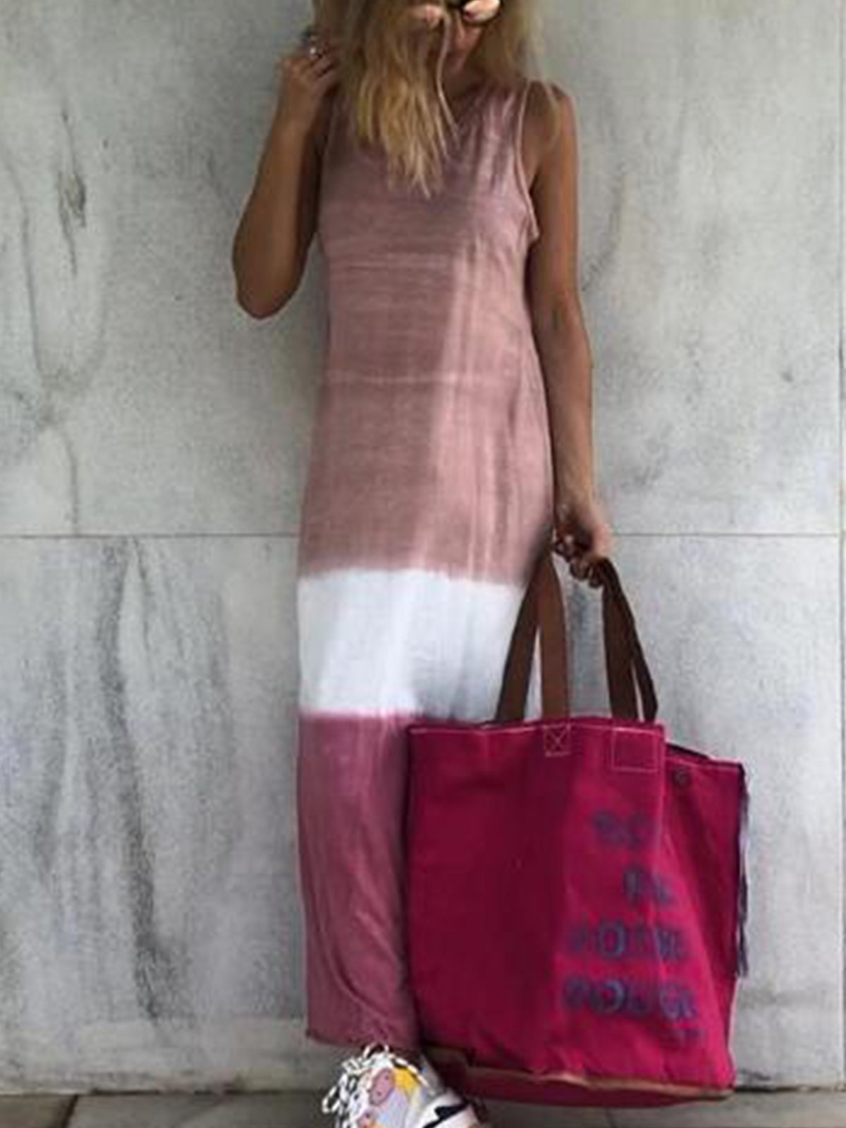 Red Sleeveless Cotton-Blend Color-Block V Neck Dresses