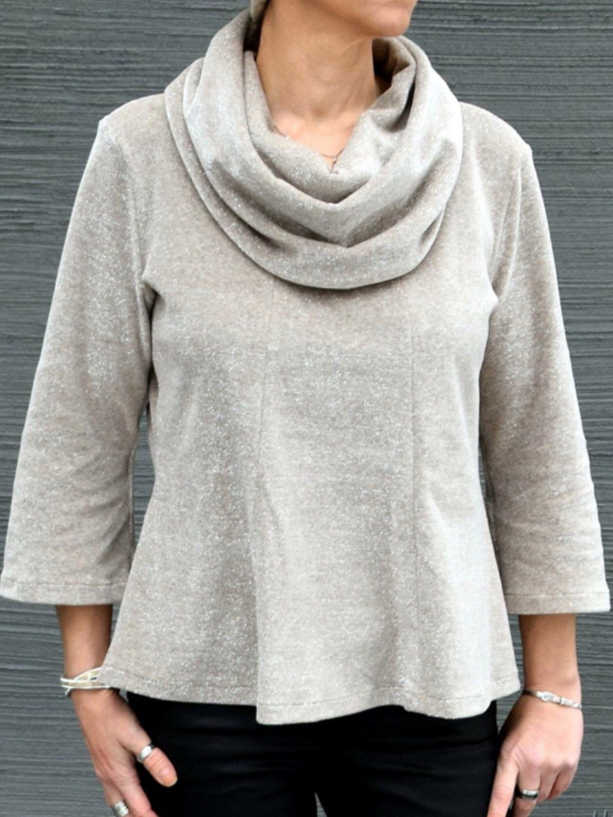 Gray Cotton-Blend Cowl Neck 3/4 Sleeve Shirts & Tops